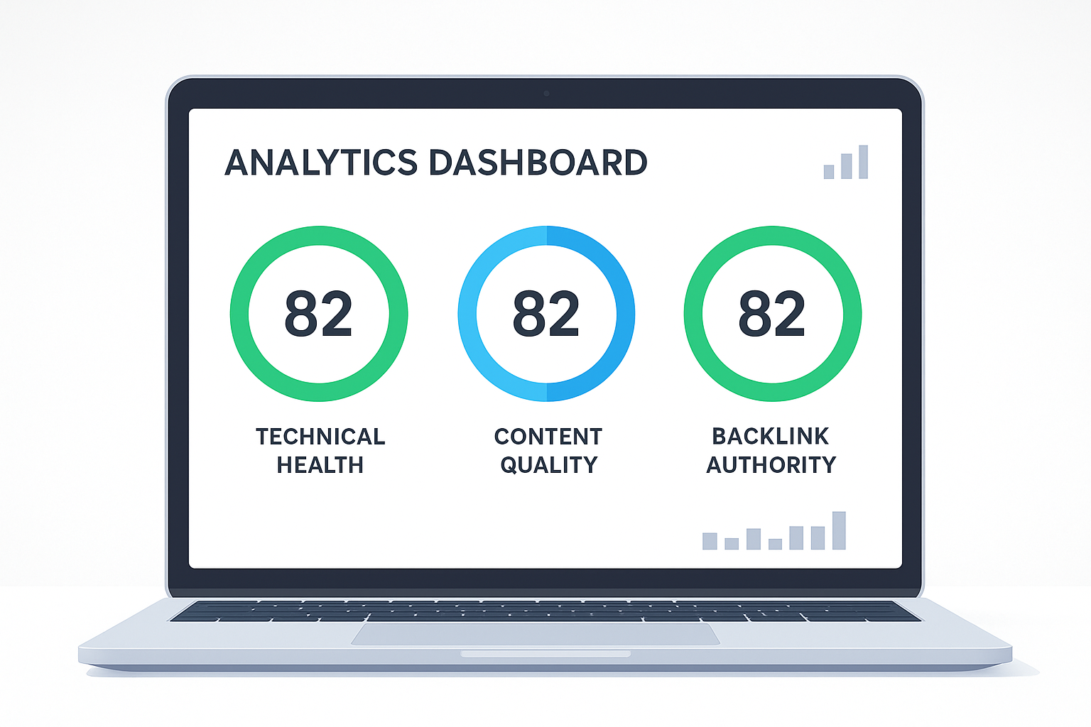 SEO audit dashboard showing a good SEO score of 82 with green indicators across all three pillars