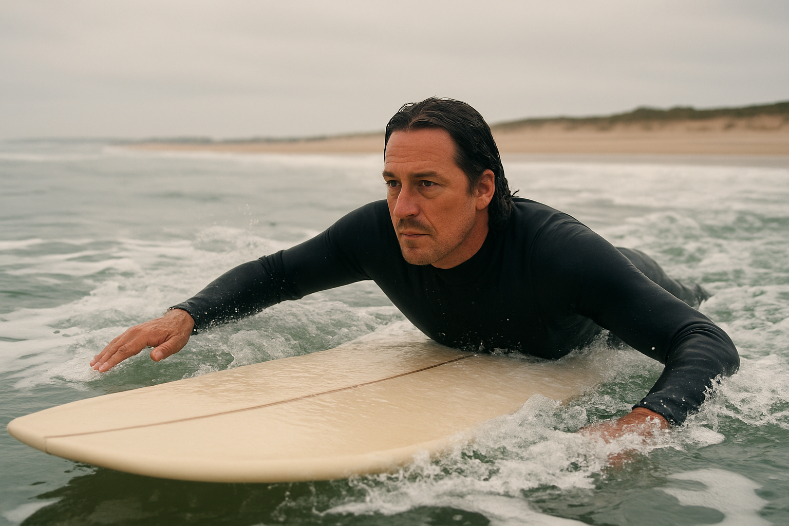 Adult beginner surfer practicing safe paddling technique through whitewater near the shore