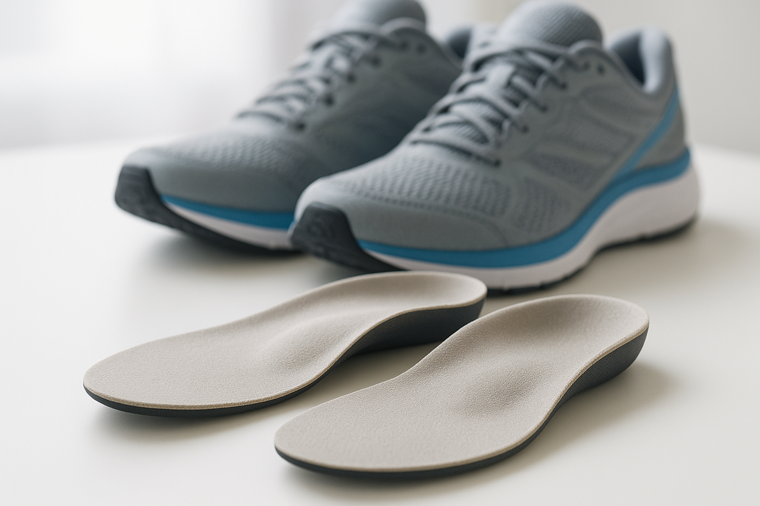 Custom orthotics with arch support resting beside running shoes on a white surface