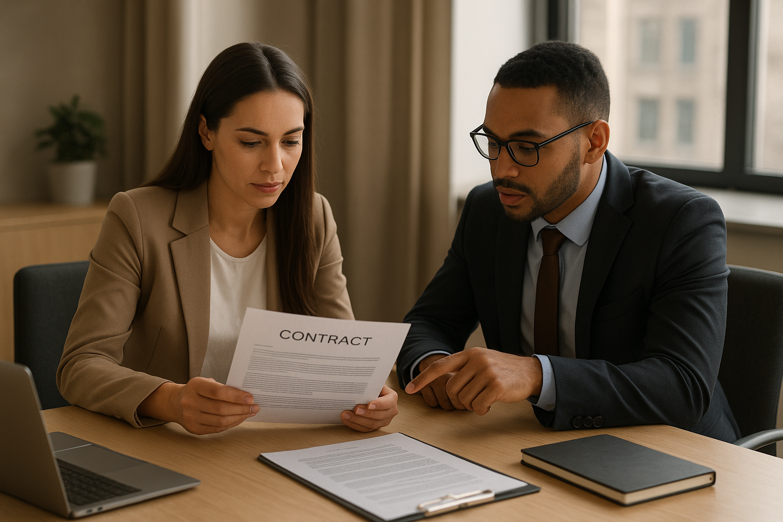 Business owner and HR consultant reviewing an HR consultant agreement document at a conference table