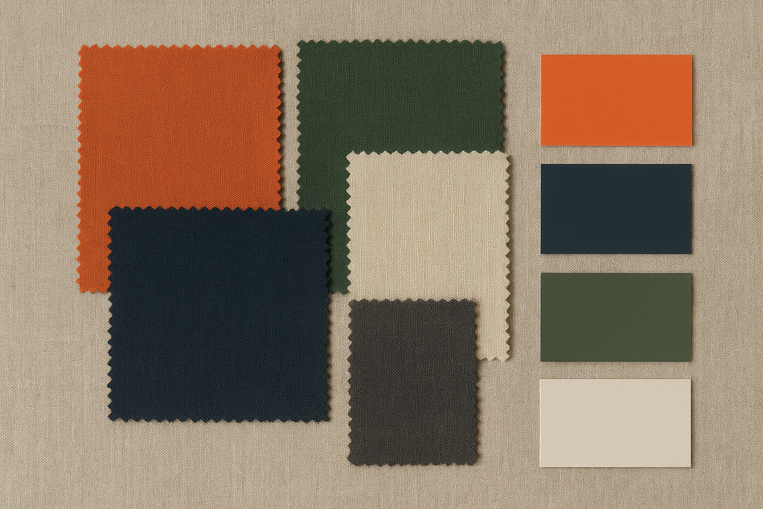 Designer color palette mood board showing orange heat paired with navy, green, and cream tones