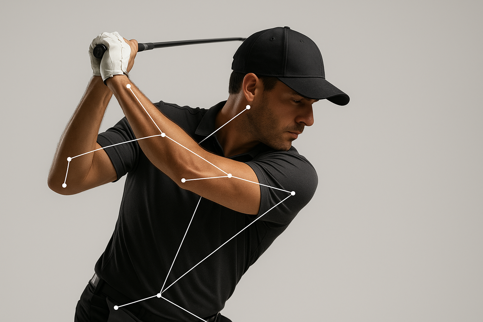 Biomechanical motion analysis overlay showing joint movement during a golf swing