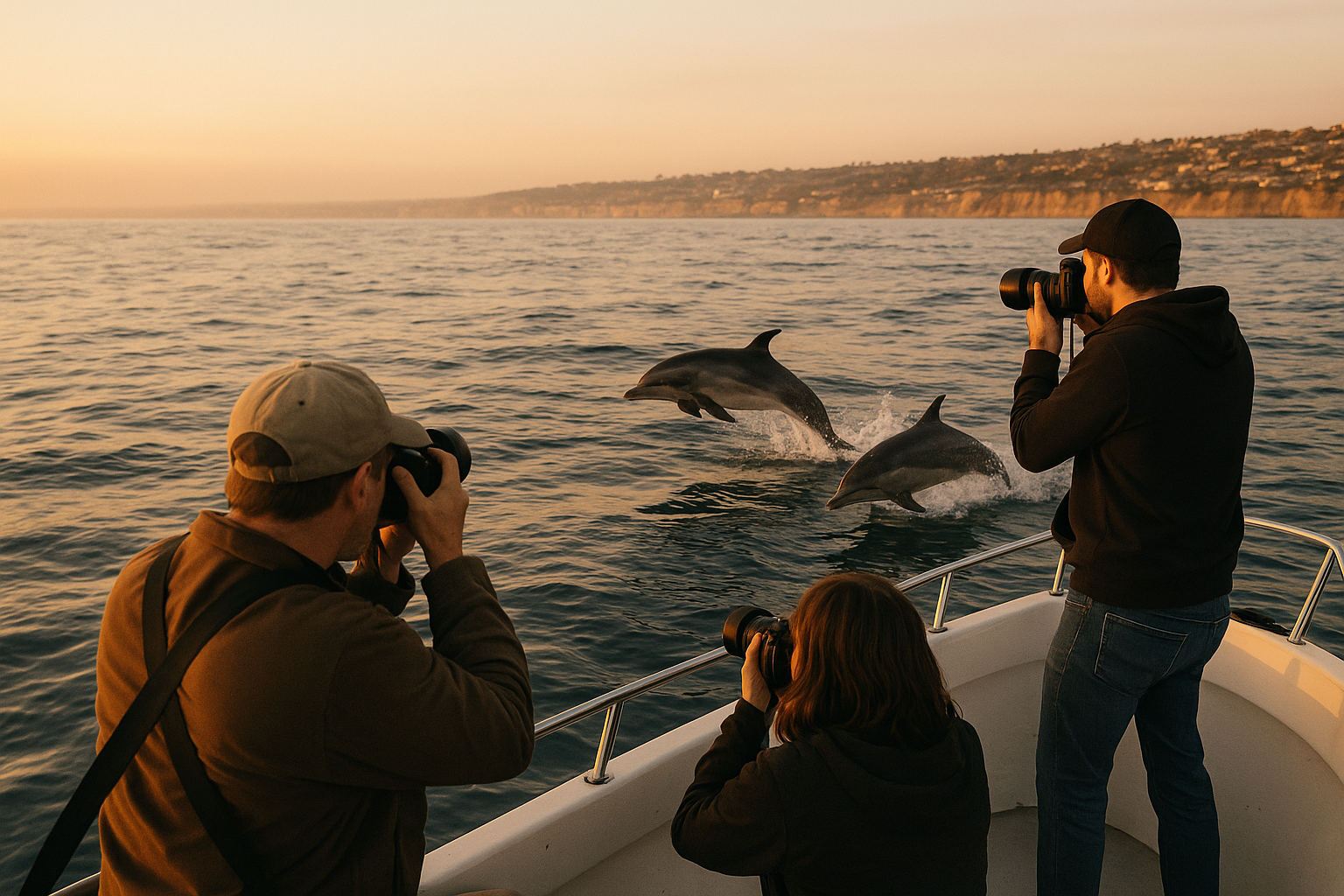 Small group photographing leaping dolphins from a quiet wildlife tour boat