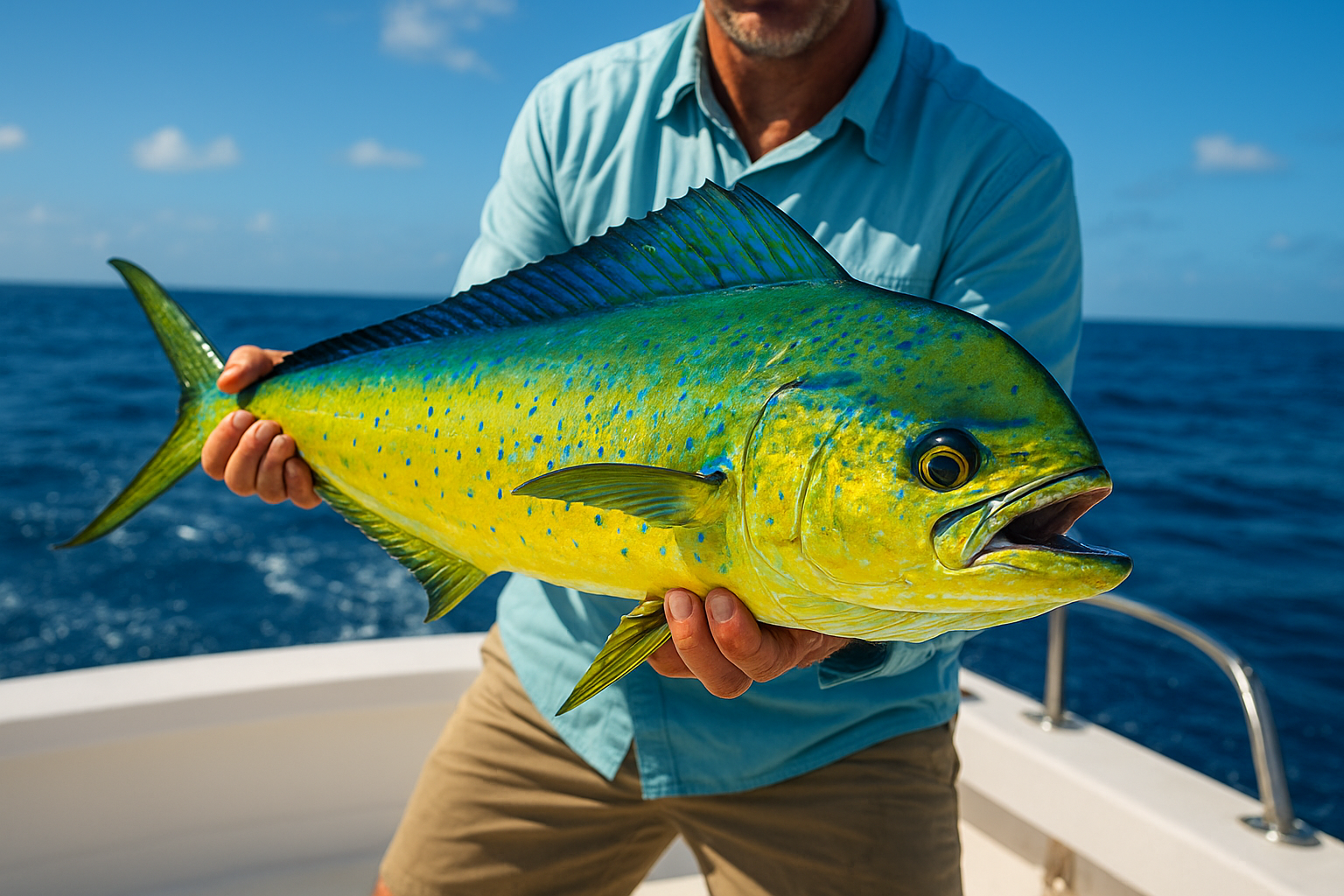 Angler holding a freshly caught mahi-mahi during a Gulf Stream offshore fishing trip