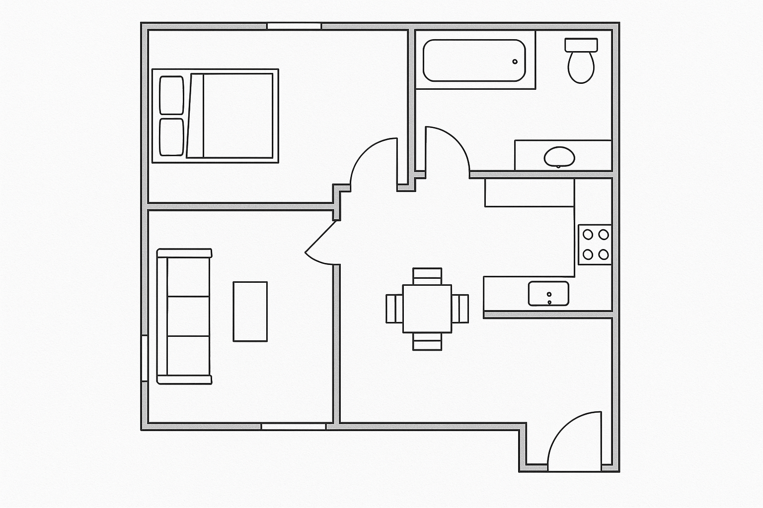 Floor plan diagram showing the layout of a detached dwelling unit with kitchen and bedroom