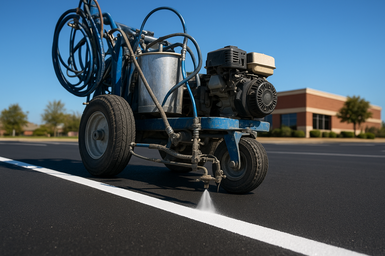 Parking lot striping machine applying white paint lines on asphalt in a Dallas commercial property