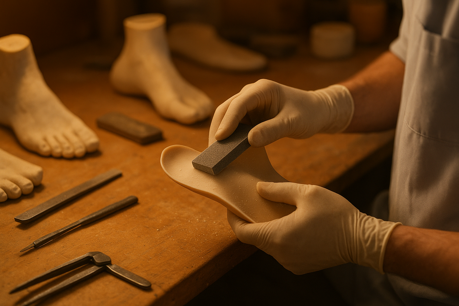 Lab technician hand-fabricating custom medical-grade orthotics from a foot mold