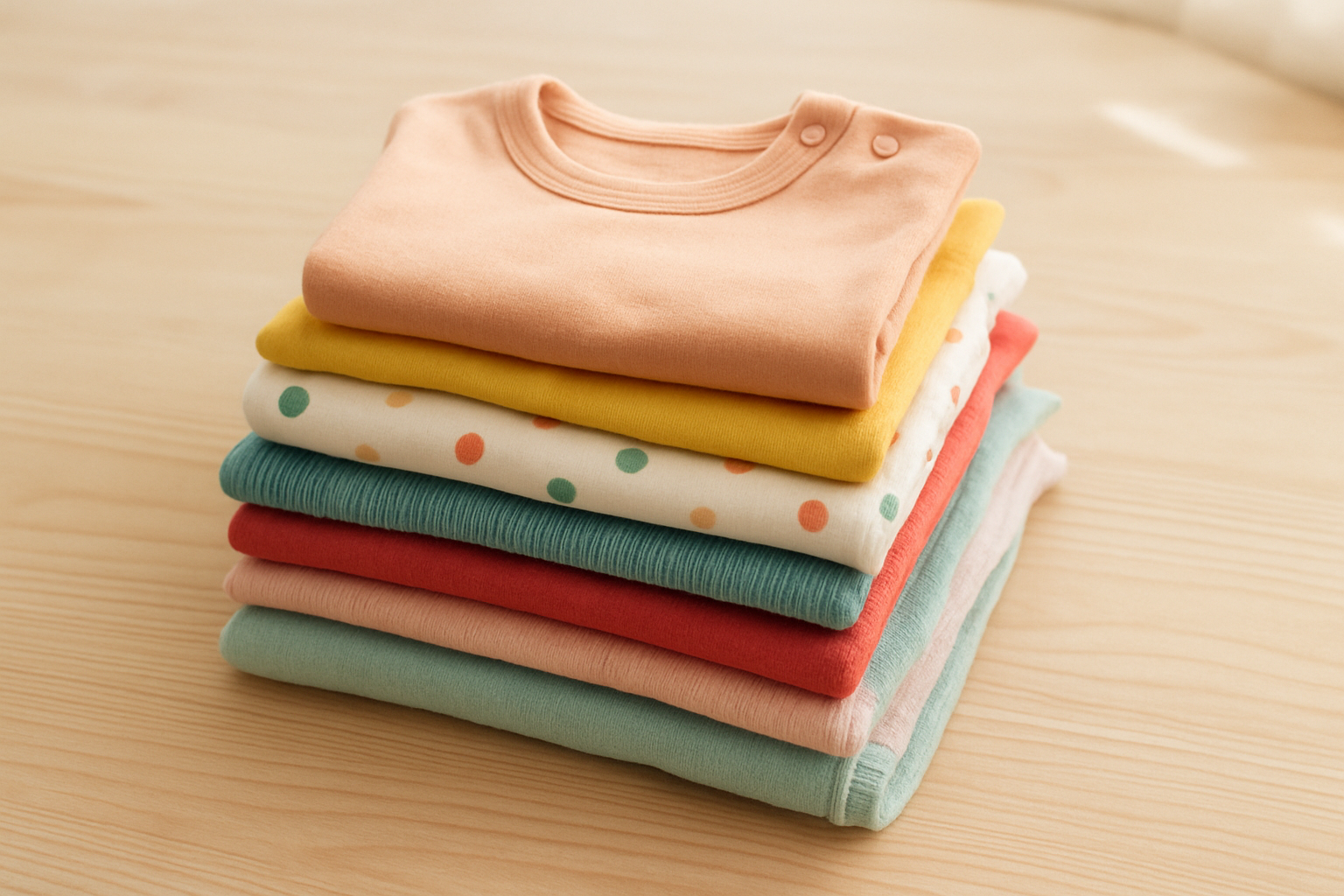 Curated bundle of baby and toddler clothing rental items folded neatly on a wooden surface