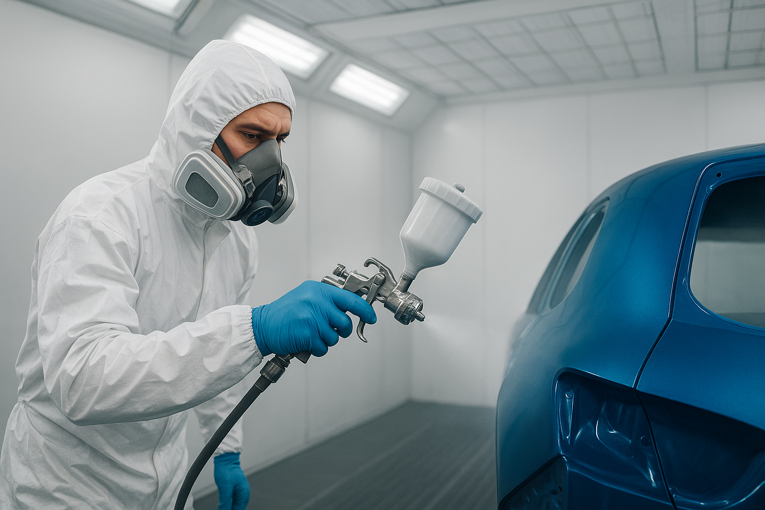 Professional automotive painter applying base coat inside a temperature-controlled spray booth during the refinishing stage