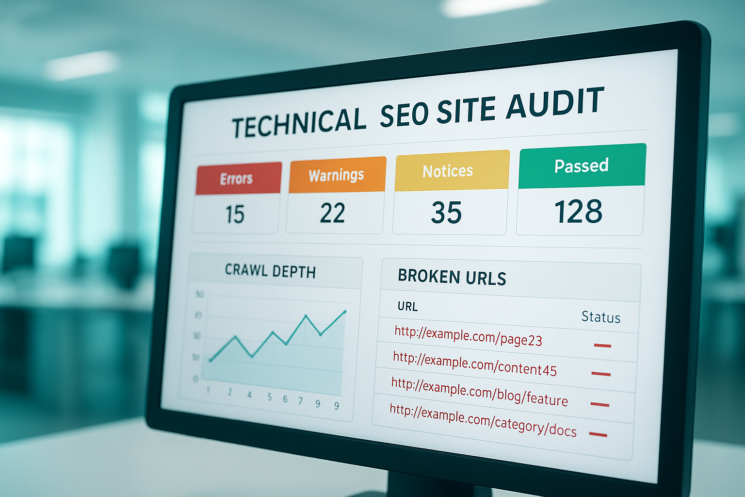 Technical SEO site audit report displaying crawl errors and broken link warnings