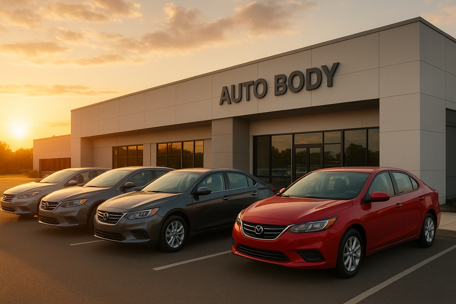 Completed vehicles outside a Brea auto body repair facility at sunset
