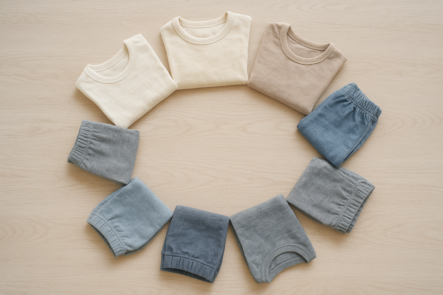 Graduated sizes of children's clothing arranged to show wardrobe rotation over time