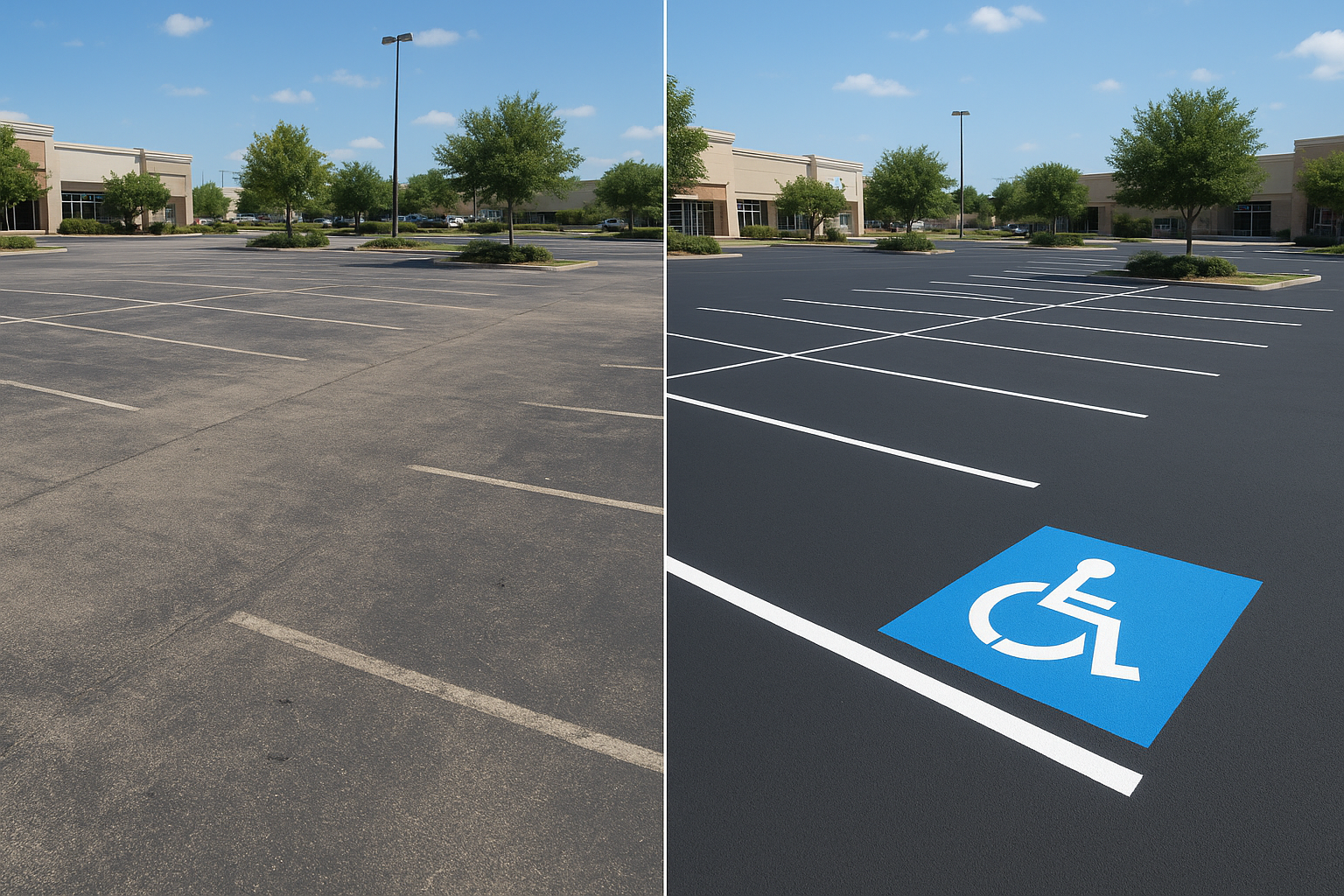 Before and after comparison of faded parking lot markings versus fresh professional restriping on DFW commercial property