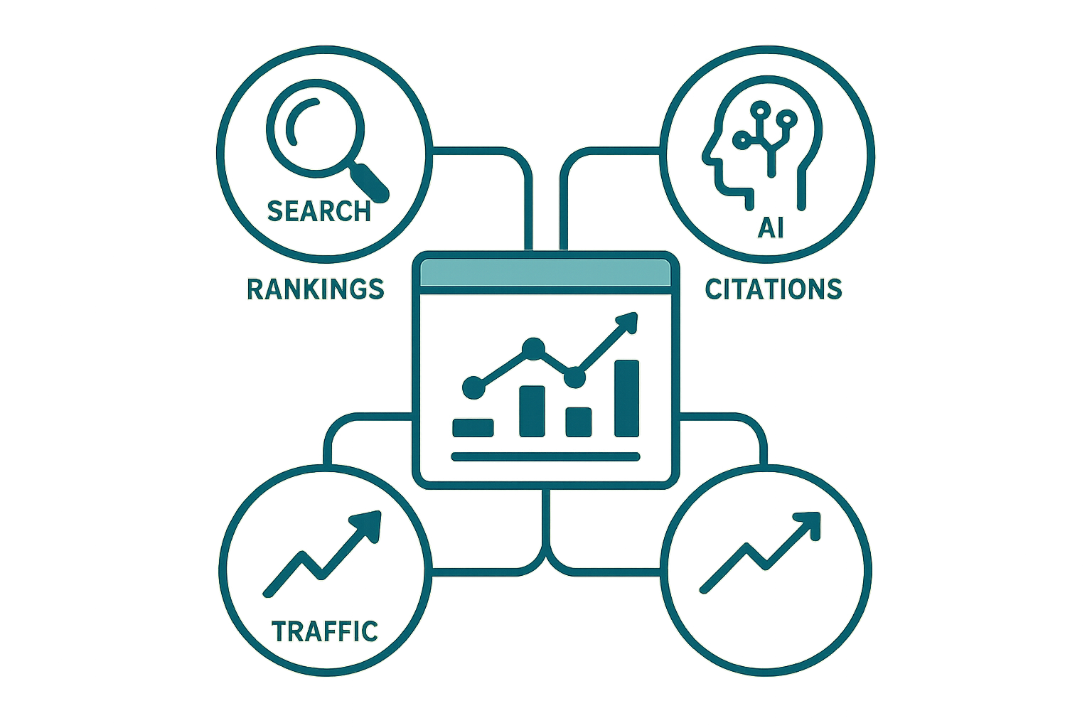 Illustration showing data flowing into a central automated performance metrics dashboard