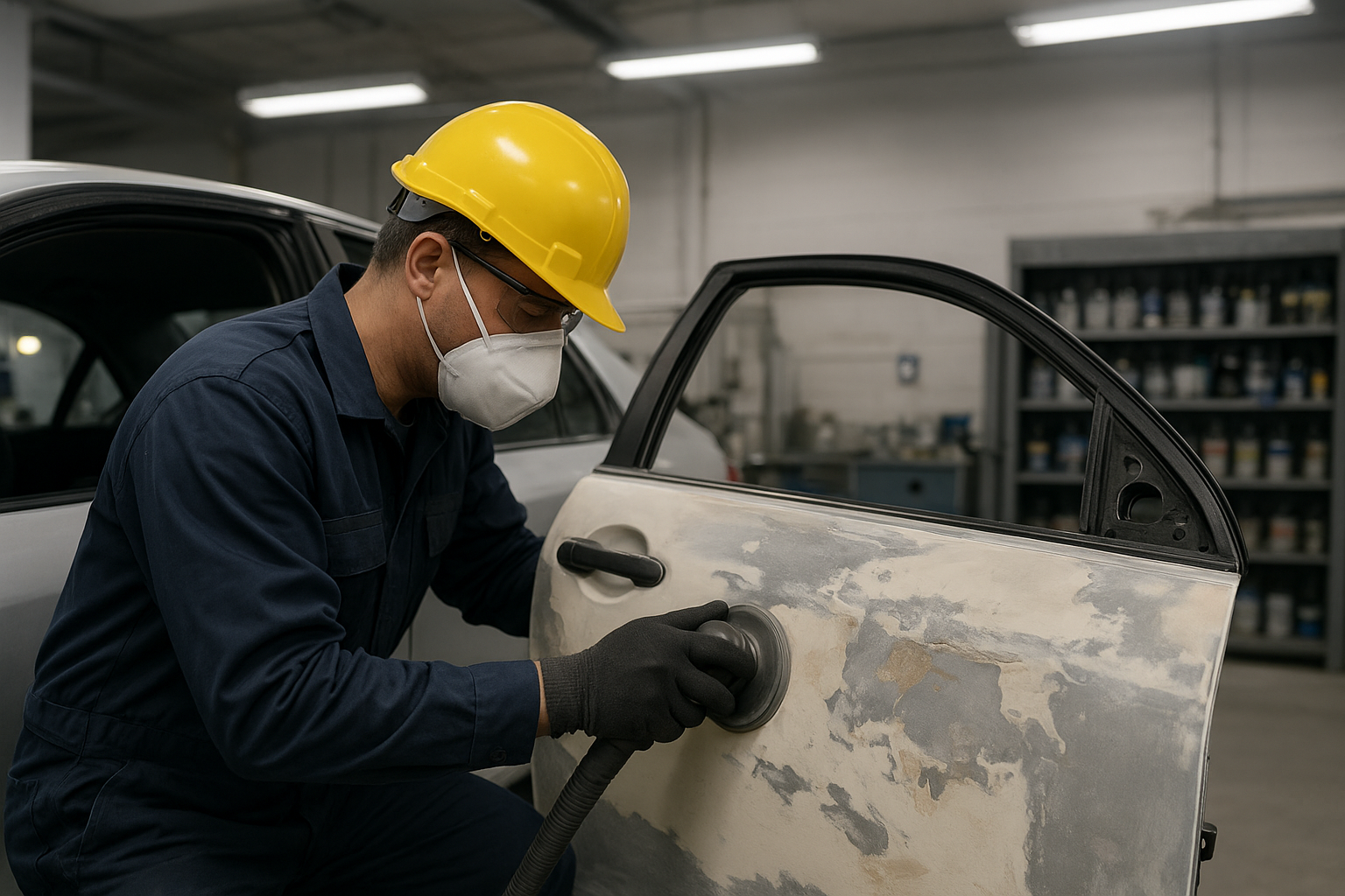 collision repair technician sanding a car door at a Brea auto body shop