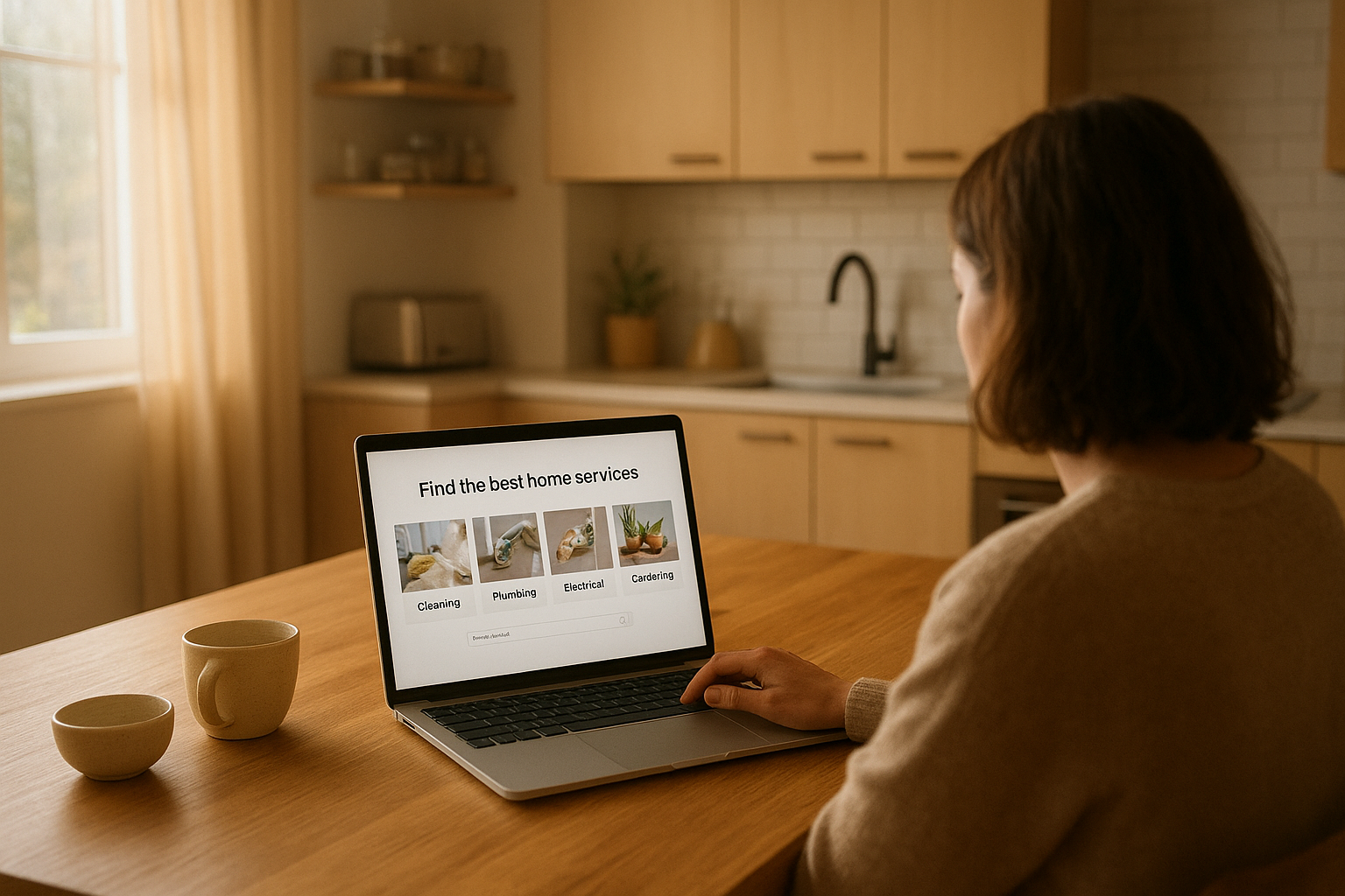 Homeowner using laptop for online booking appliance repair in a bright kitchen
