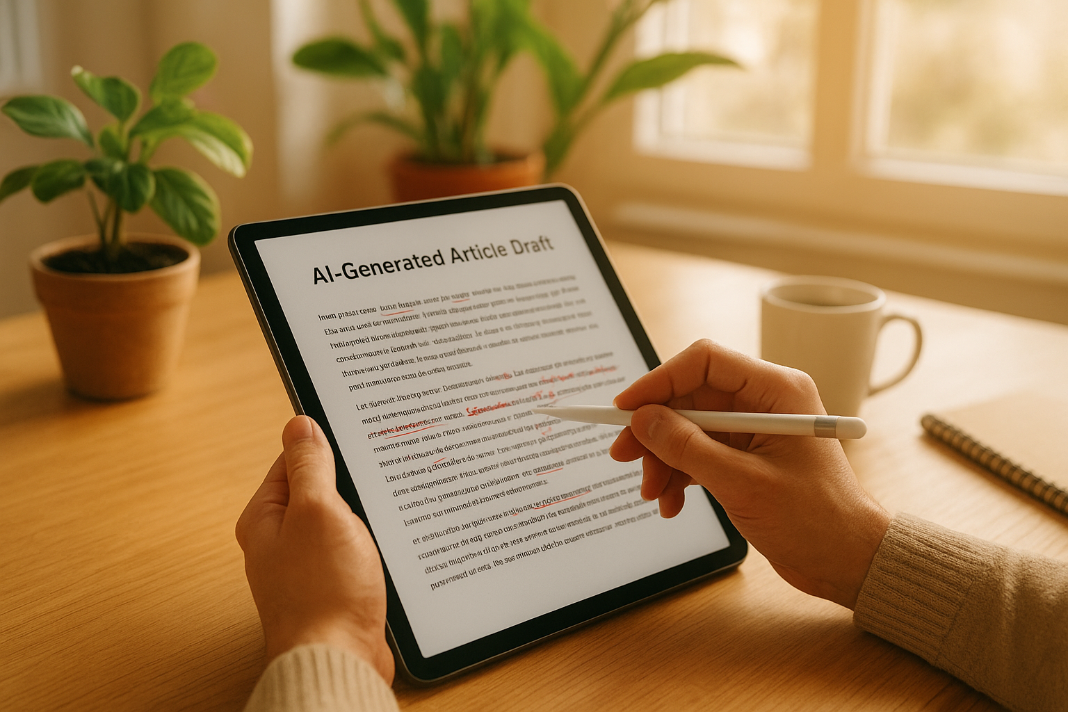 Editor reviewing an AI generated draft on a tablet as part of a content quality check