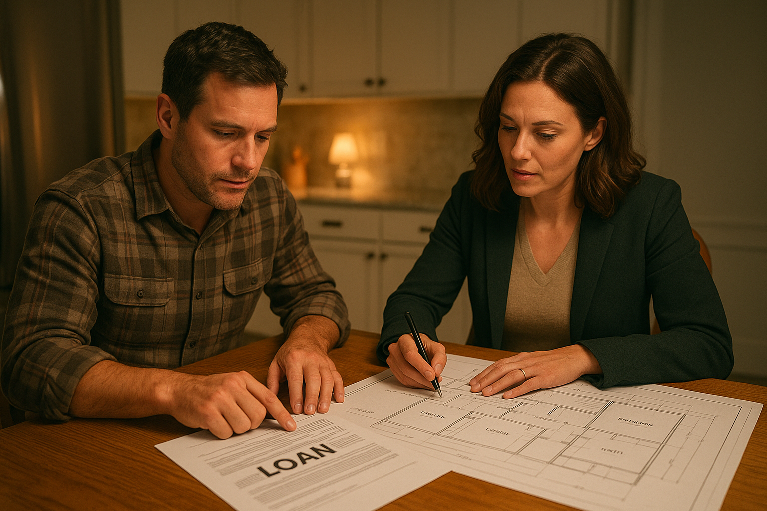 Homeowner reviewing ADU loan documents with a financial advisor to plan ADU project financing