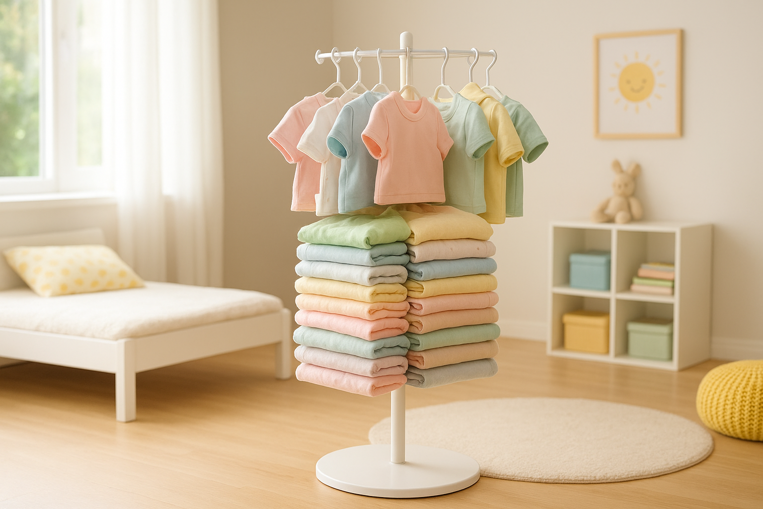 Colorful rotating wardrobe from a creative kids outfit subscription displayed on shelves