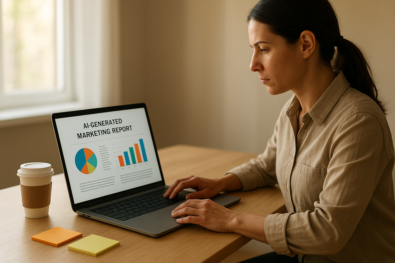 Marketing professional reviewing AI-generated campaign performance reports at a clean modern workspace