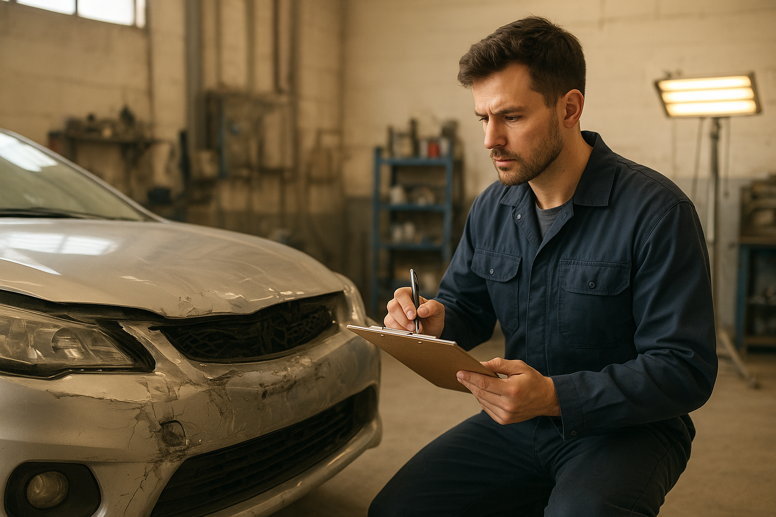 Technician documenting vehicle damage for Brea vehicle insurance claims