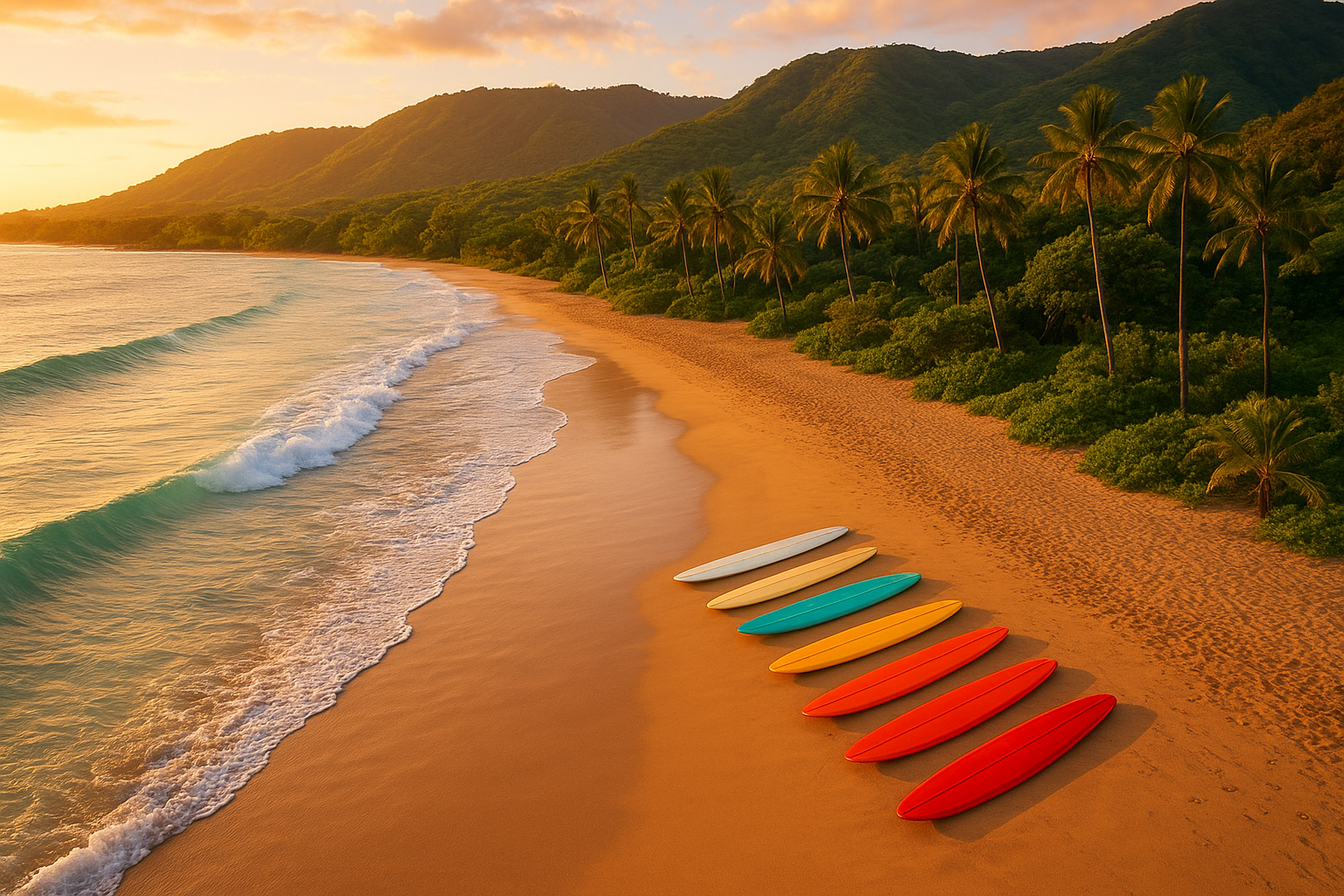Colorful surfboards lined up on a Hawaiian beach before a group surf lesson at sunset