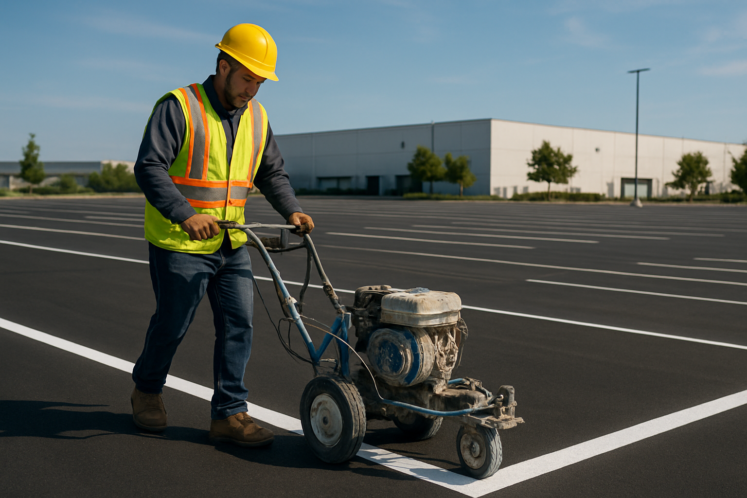Contractor operating line striping machine during a commercial parking lot marking project