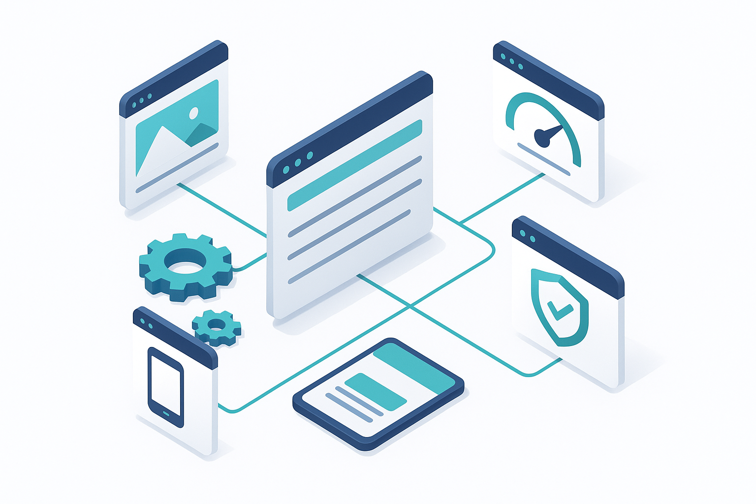 Technical SEO website structure diagram showing page speed, mobile optimization, and security elements