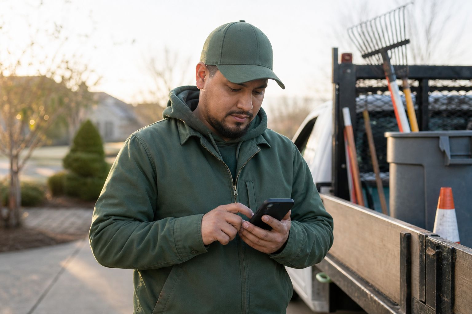 Landscaping crew member completing a digital work ticket on a smartphone in the field