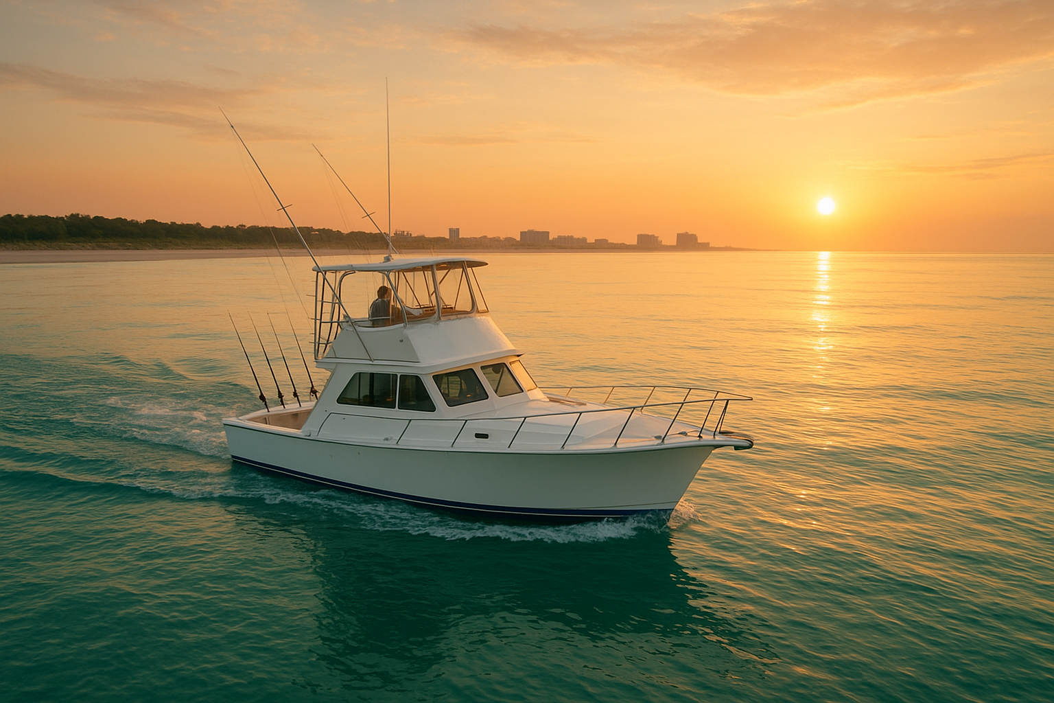 Charter boat heading out for cheap deep sea fishing Myrtle Beach trip at sunrise