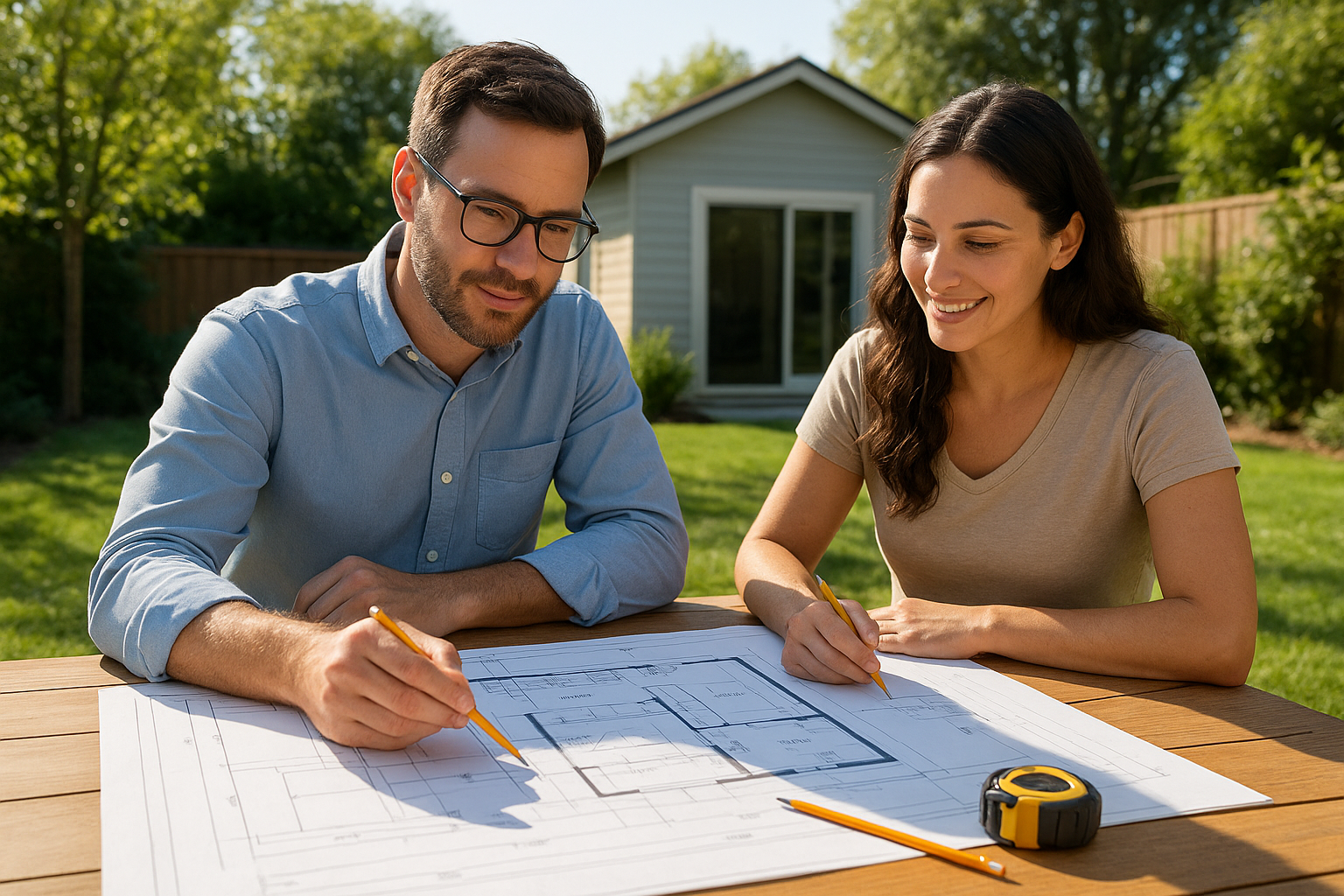 Architect and homeowner reviewing blueprints for an accessory dwelling unit ADU project