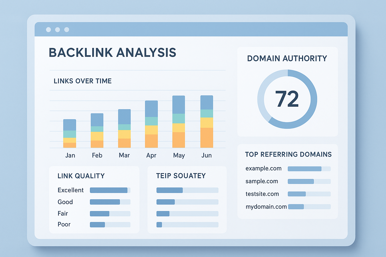 Backlink analysis dashboard used to check backlinks SEO with domain authority scores and link quality charts