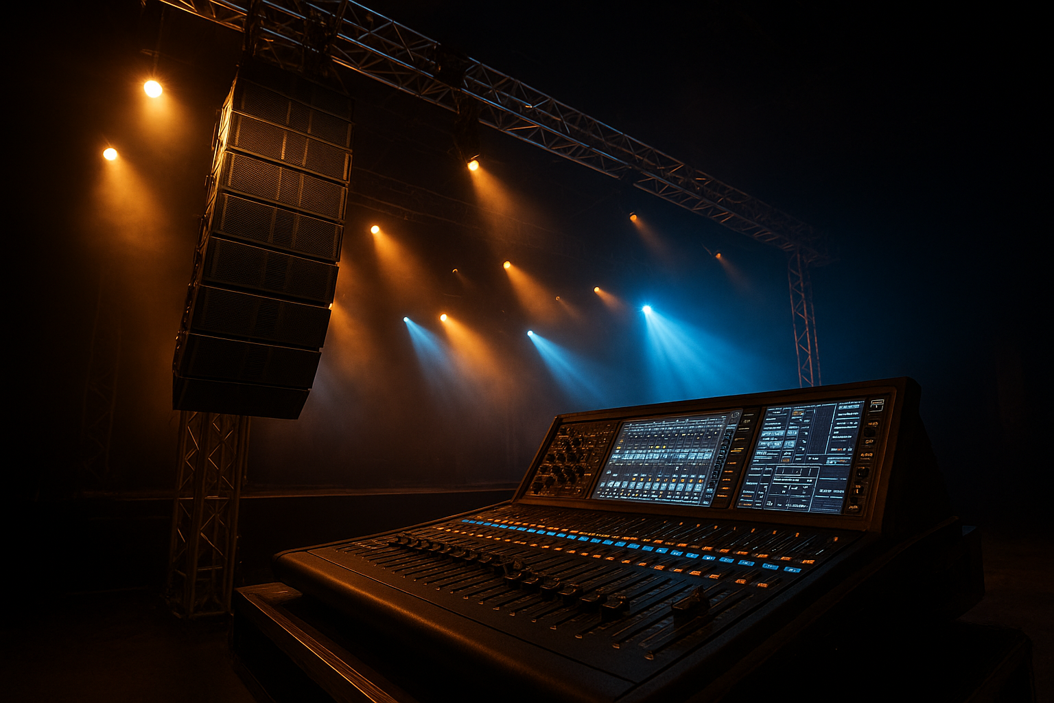 Professional AV equipment for events including line array speakers and digital mixing console at a live concert