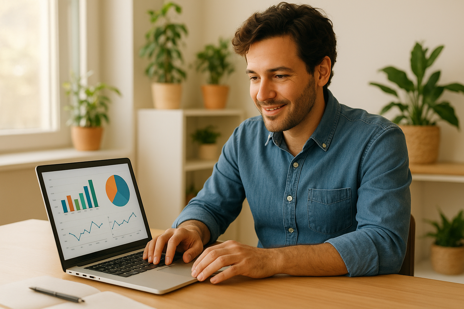 Small business owner reviewing marketing performance charts on a laptop