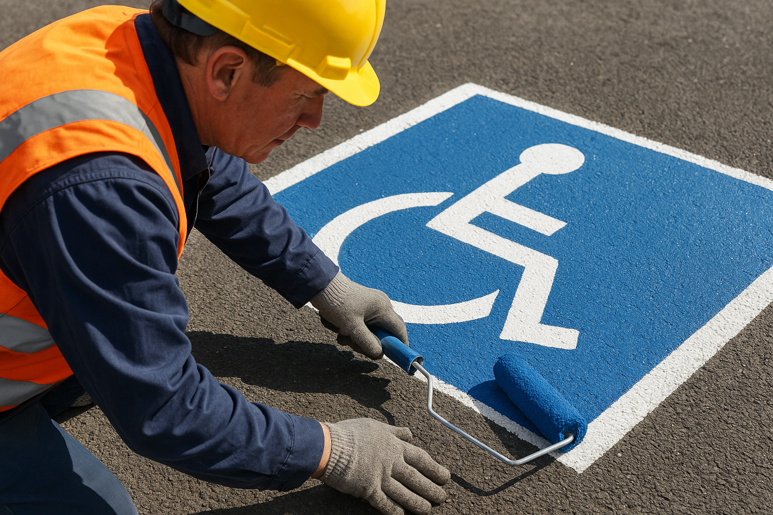 Worker painting an ADA accessible parking symbol during a commercial restriping project