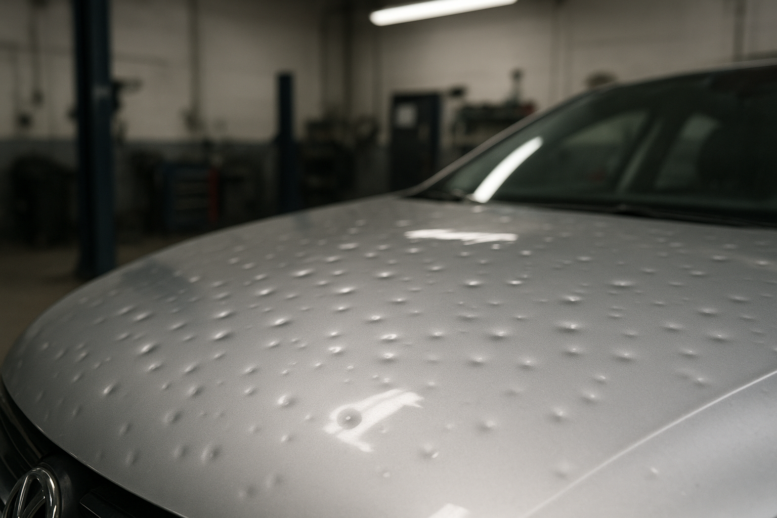 Hood of a vehicle showing multiple hail dents before hail damage vehicle repair Brea California service