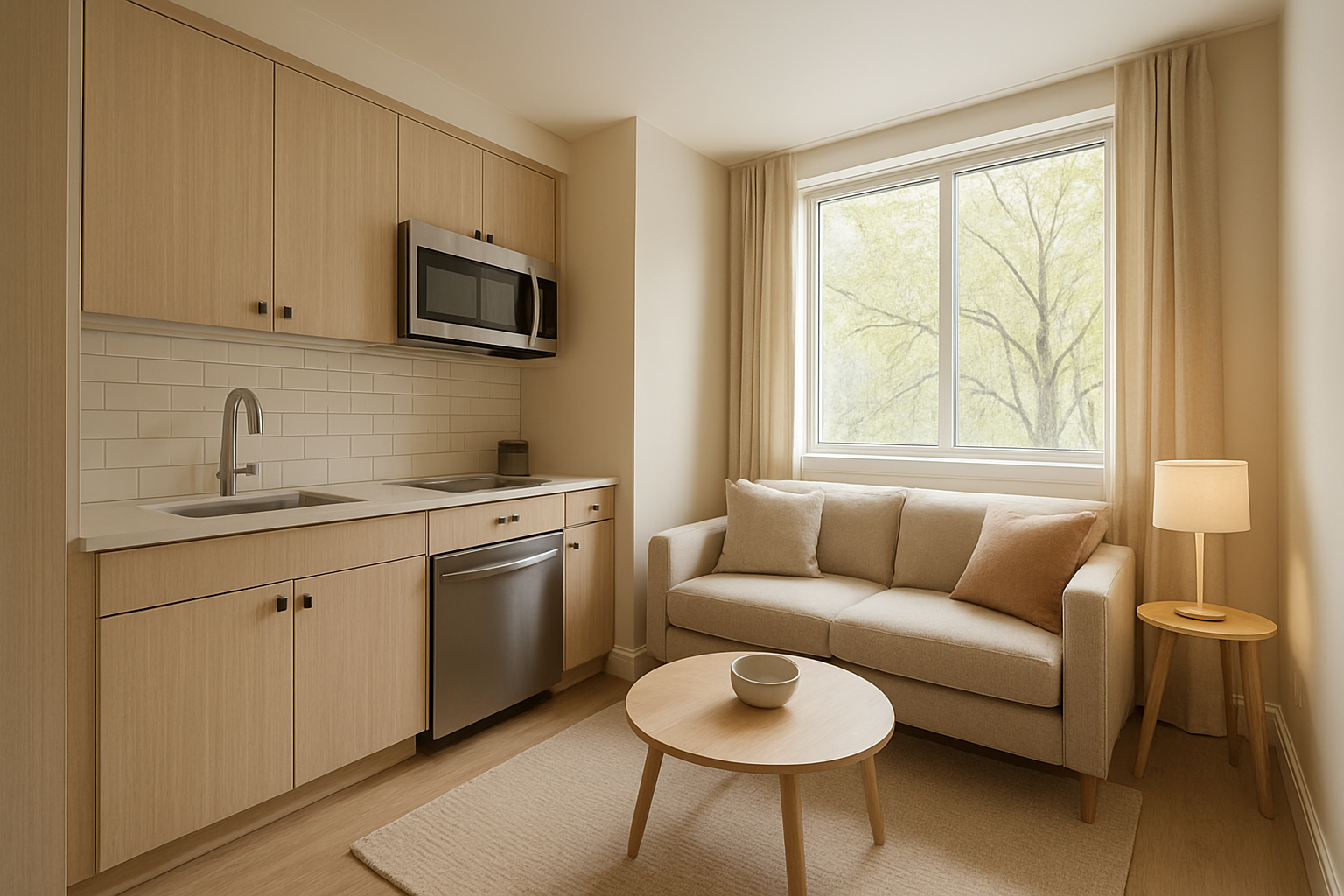 Cozy mother in law suite interior with kitchenette and natural daylight