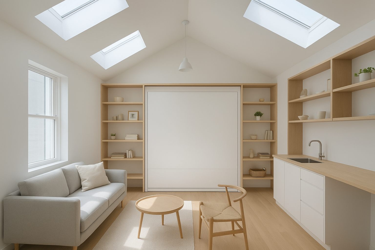Compact ADU interior with open floor plan, vaulted ceiling, skylights, and built-in storage maximizing small space