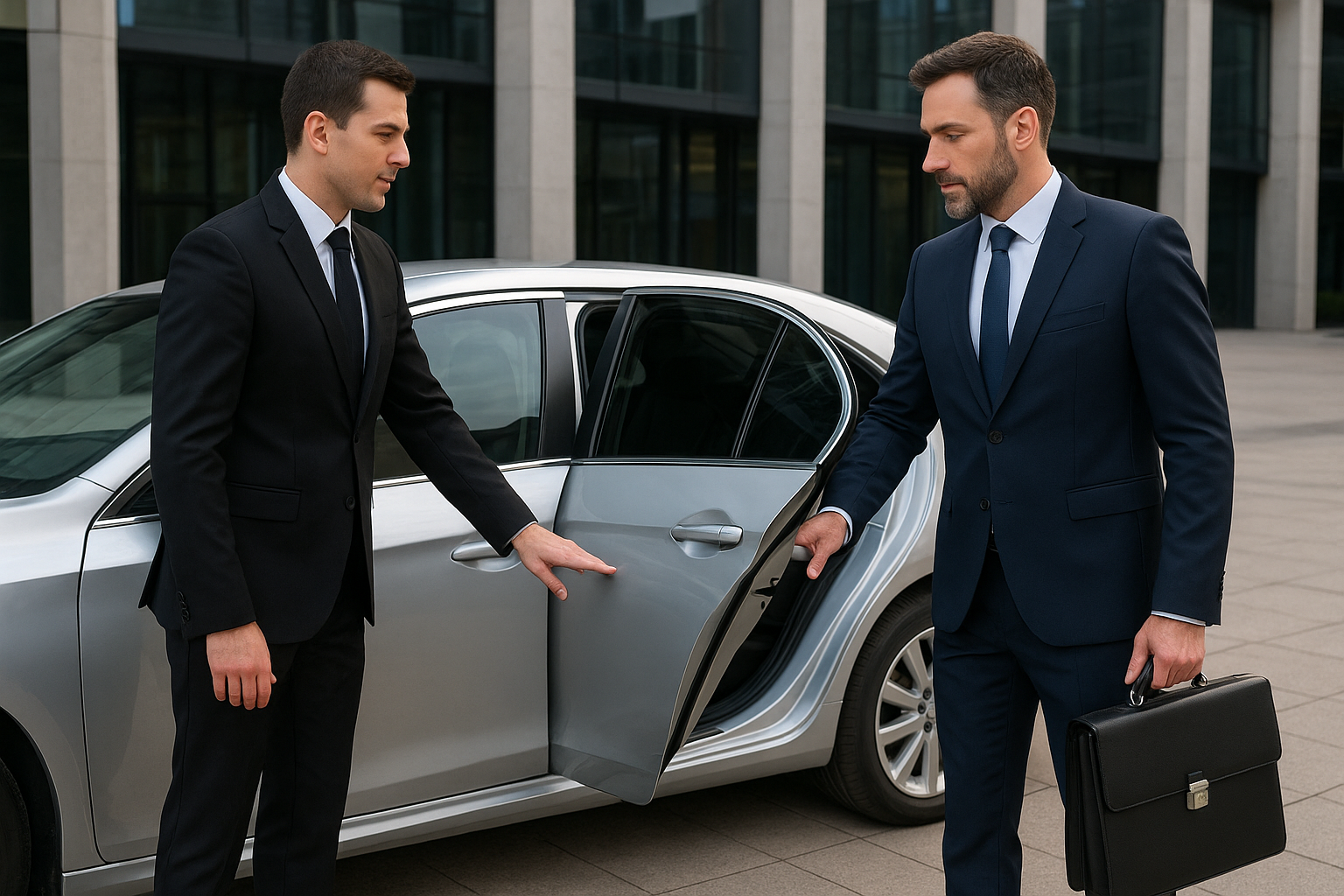 Chauffeur opening the door of an executive sedan for a business traveler in the South Bay