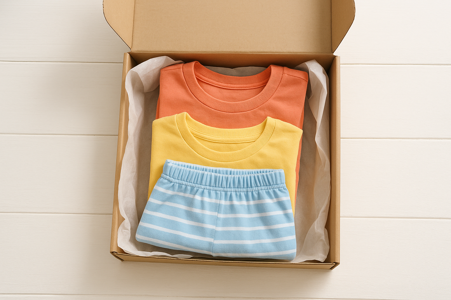 Open subscription box containing neatly folded children's clothing from a brand name kids clothing rental service