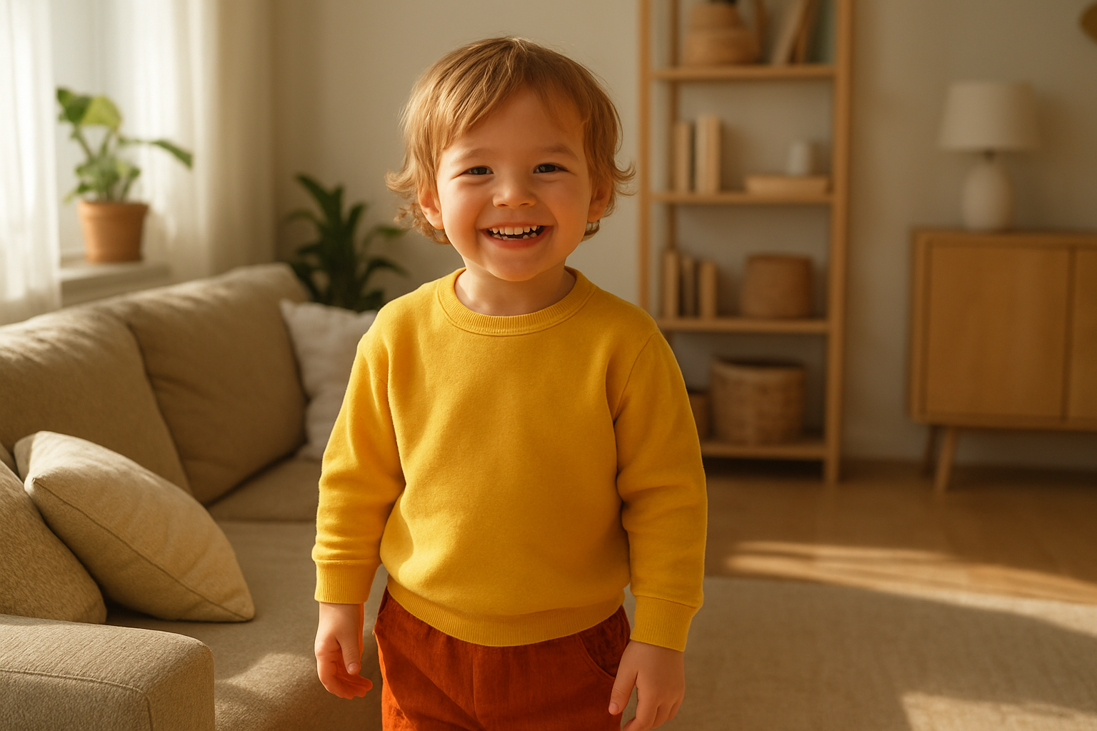Happy young child wearing a stylish outfit received through a kids clothing subscription plan