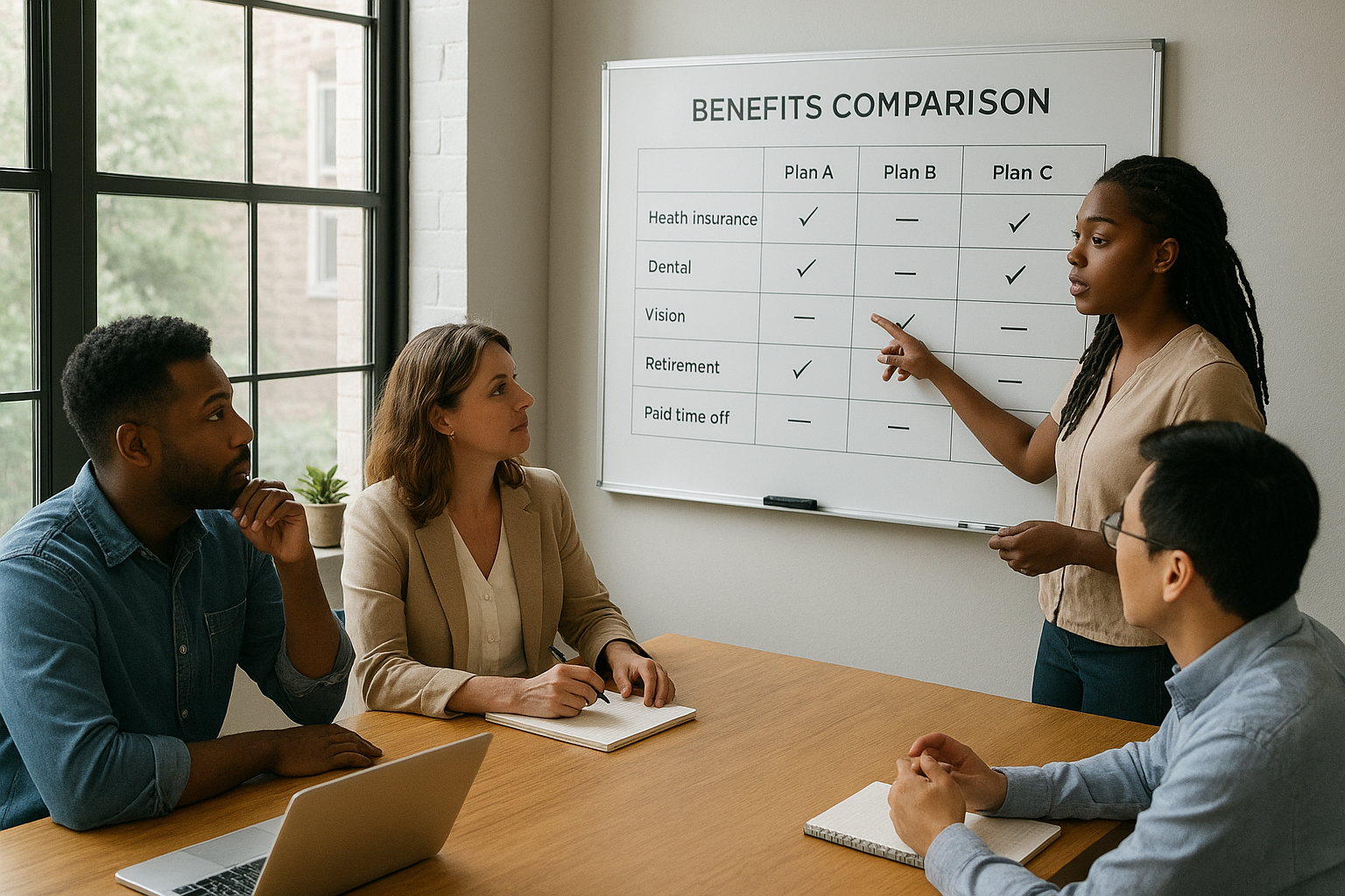 Small business team comparing employee benefits providers on a whiteboard