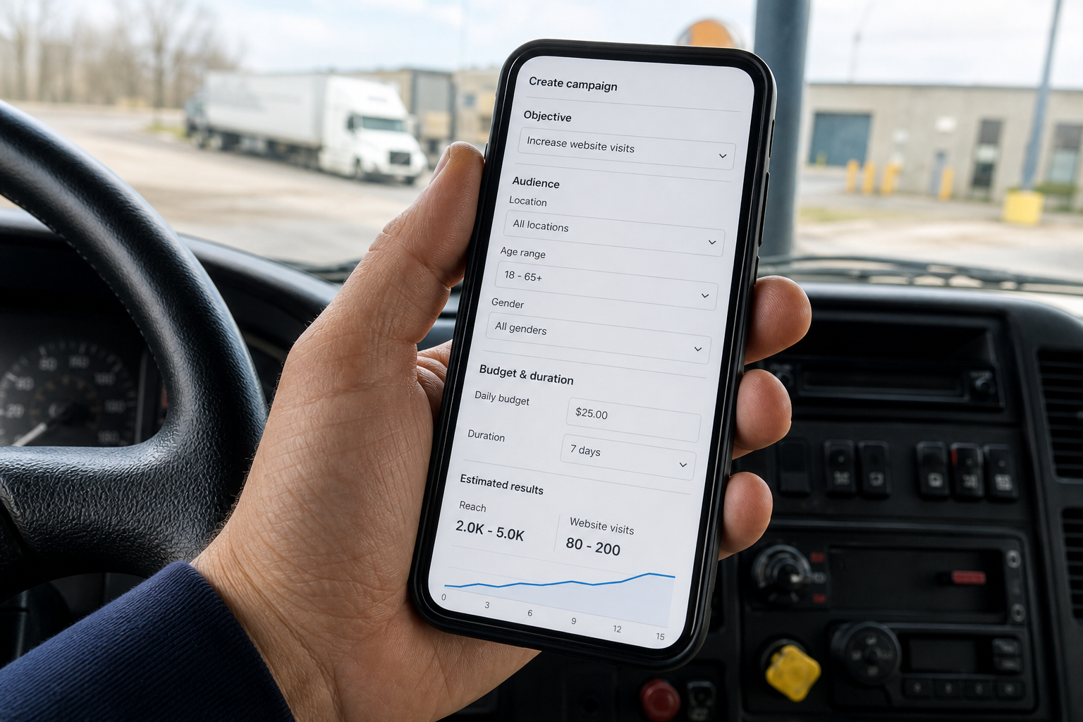 Contractor building a local service ad campaign on a phone inside a work truck