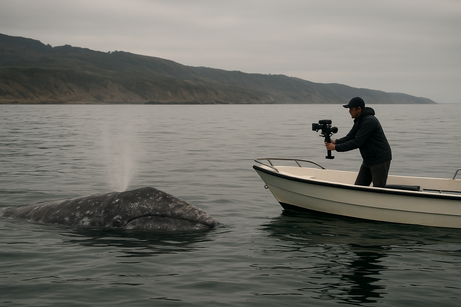 Gray whale surfacing beside a film crew during a San Diego whale watching expedition