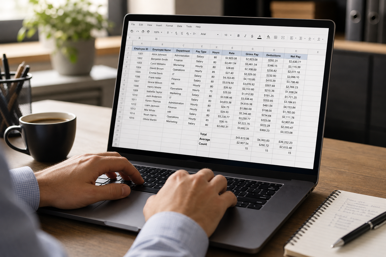 Laptop screen showing a payroll spreadsheet used for Minnesota PCA agency payroll processing