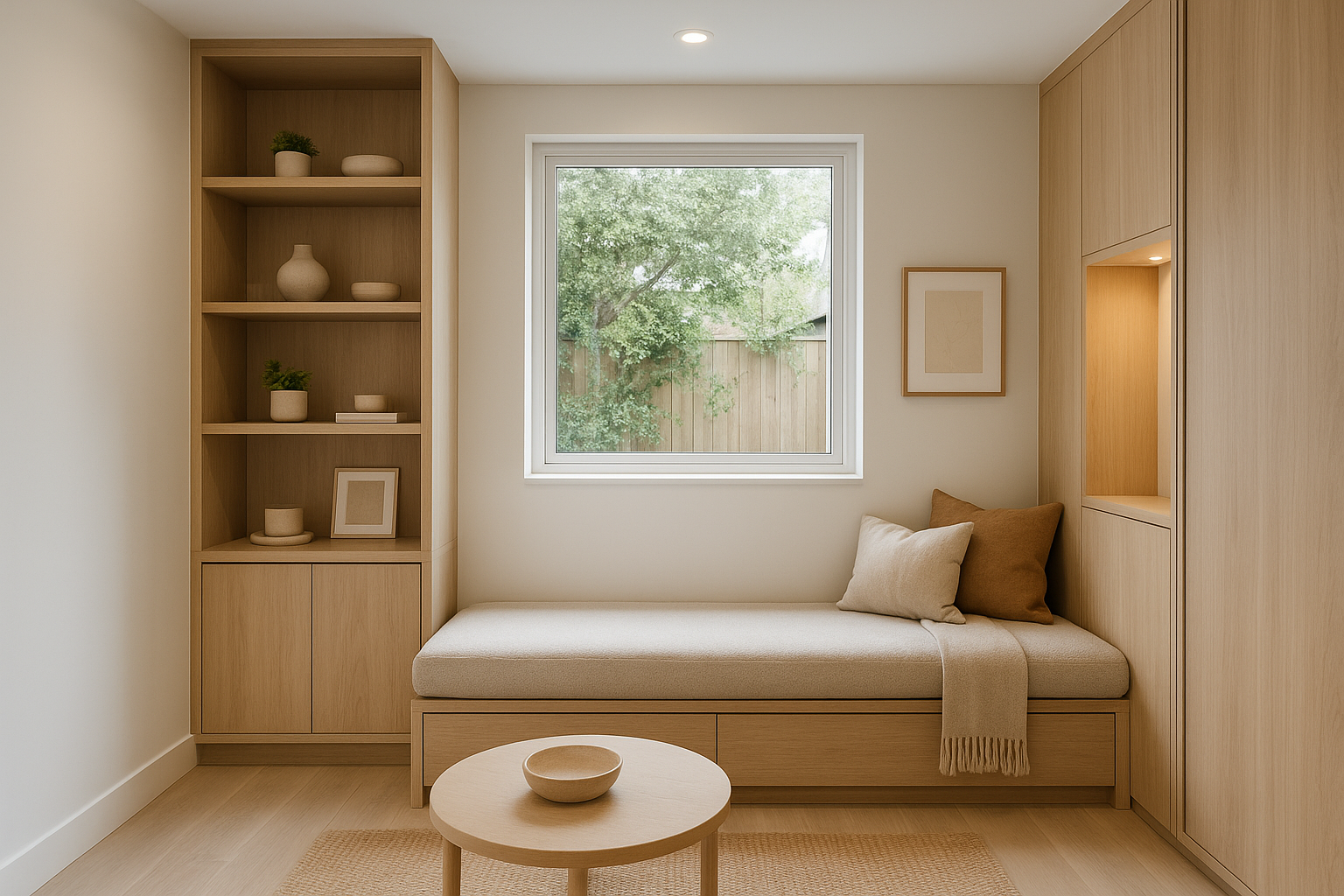 Custom built-in millwork inside a detached ADU guest house interior