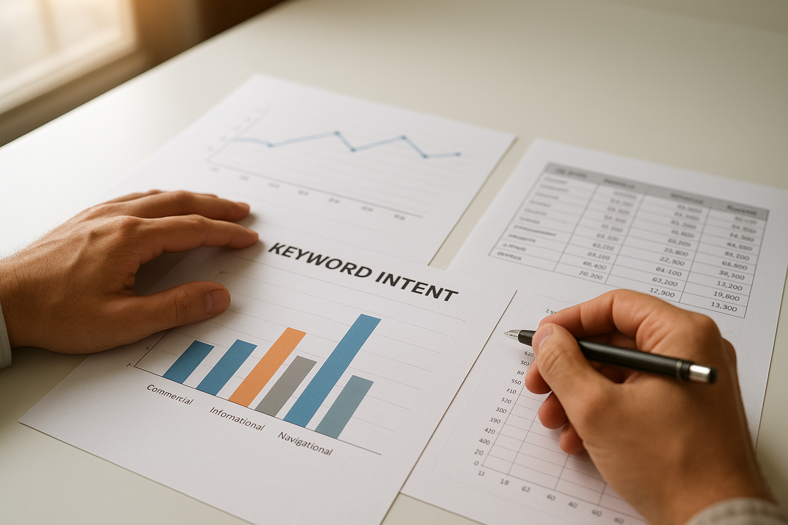 SEO analyst reviewing keyword intent data and search volume charts as part of an evidence-based SEO workflow