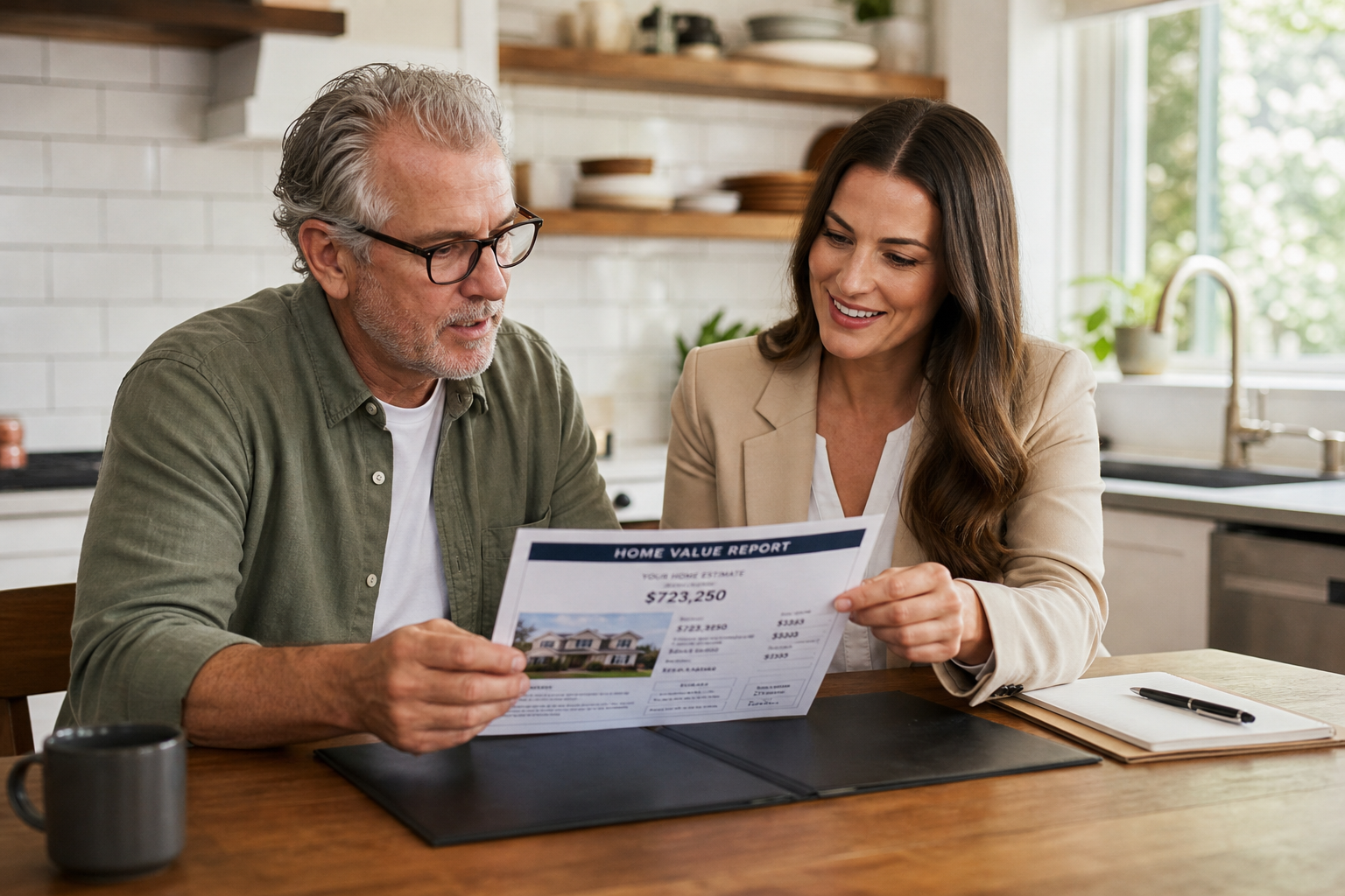 Agent presenting a homeowner report generated by CMA software during a listing appointment