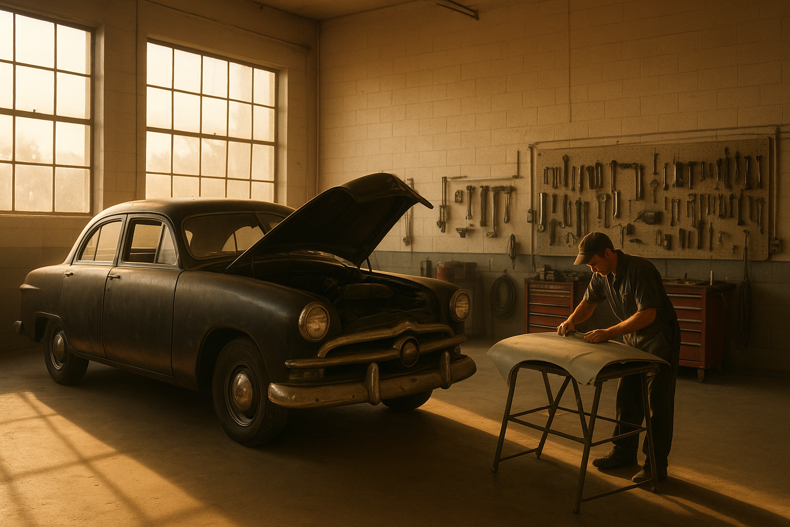 Technician sanding a fender panel during classic car restoration Brea California process