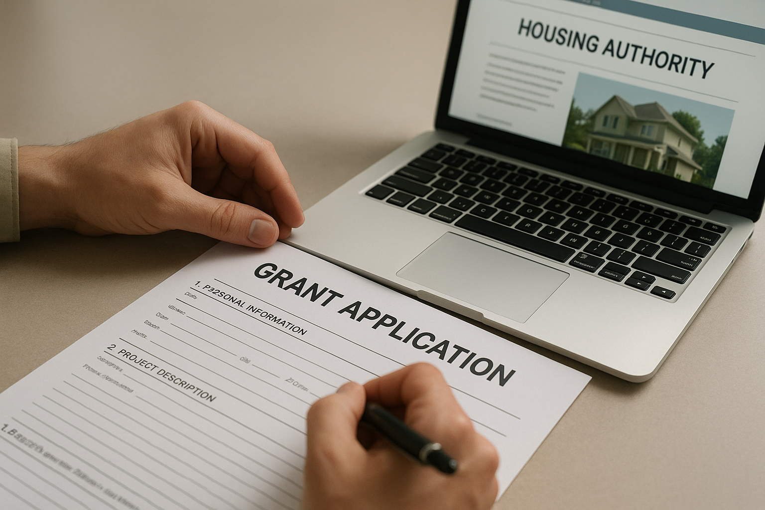 Person completing an ADU grant application form with a housing authority website open on a laptop